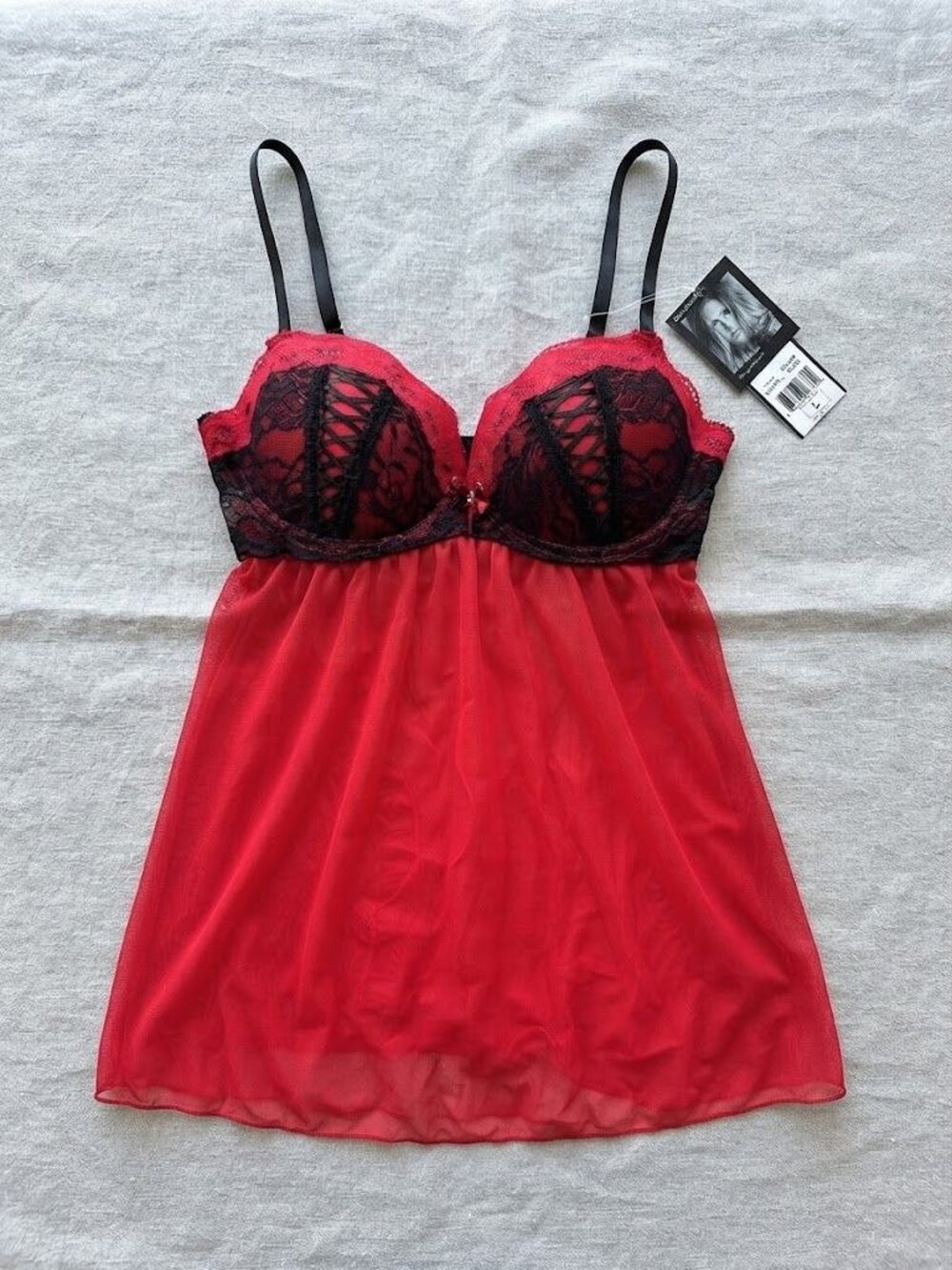 Daisy Fuentes Womens Red Lace & Sheer Babydoll Lingerie Nightgown NEW